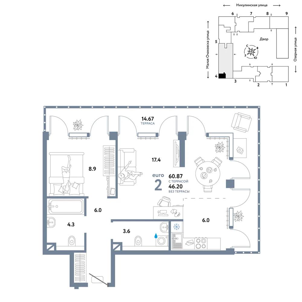 Планировка 2-комн. квартира, 60.87 м² ЖК «Страна.Озёрная»
