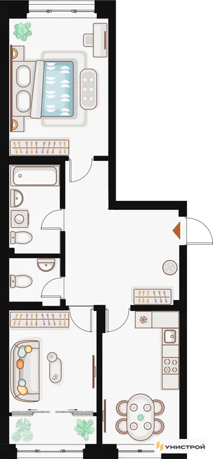Планировка 2-комн. квартира, 68.16 м² ЖК «Жилой кластер Q на Кулагина»