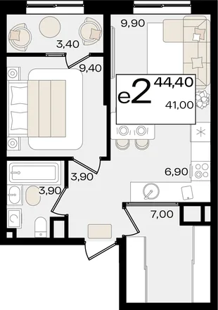 Планировка 2-комн. квартира, 44.4 м² ЖК «Патрики»