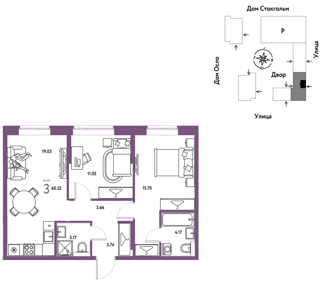 Планировка 3-комн. квартира, 60.52 м² ЖК «Европейский берег 2.0»