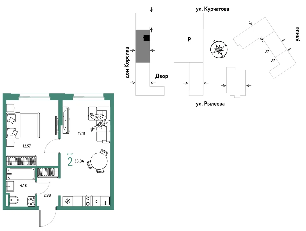 Планировка 2-комн. квартира, 38.83 м² ЖК «Остров-сад»
