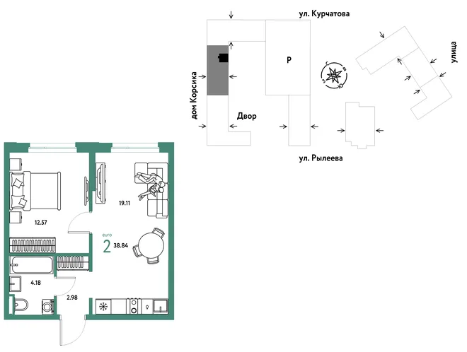 Планировка 2-комн. квартира, 38.83 м² ЖК «Остров-сад» Планировка 2-комн. квартира, 38.83 м² ЖК «Остров-сад»