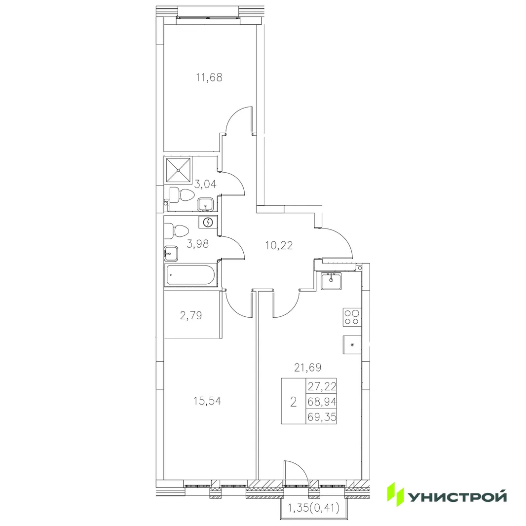 Планировка 2-комн. квартира, 69.35 м² ЖК «Statum»
