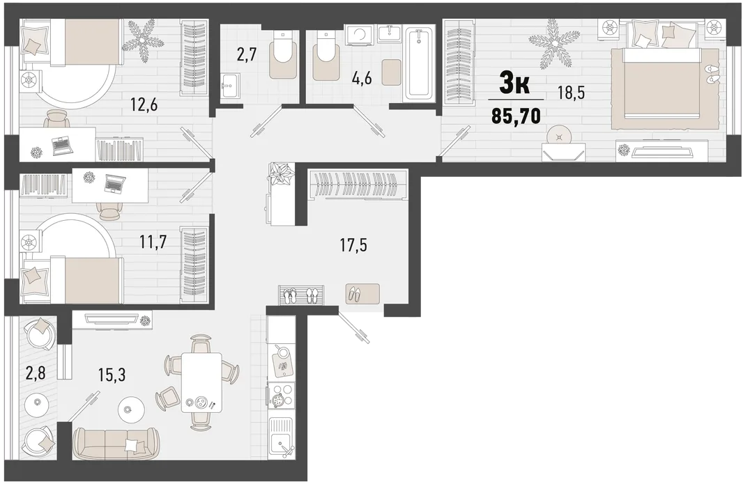 Планировка 3-комн. квартира, 85.7 м² ЖК «Барса»