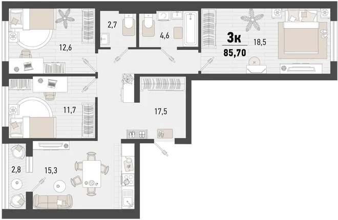 Планировка 3-комн. квартира, 85.7 м² ЖК «Барса» Планировка 3-комн. квартира, 85.7 м² ЖК «Барса»