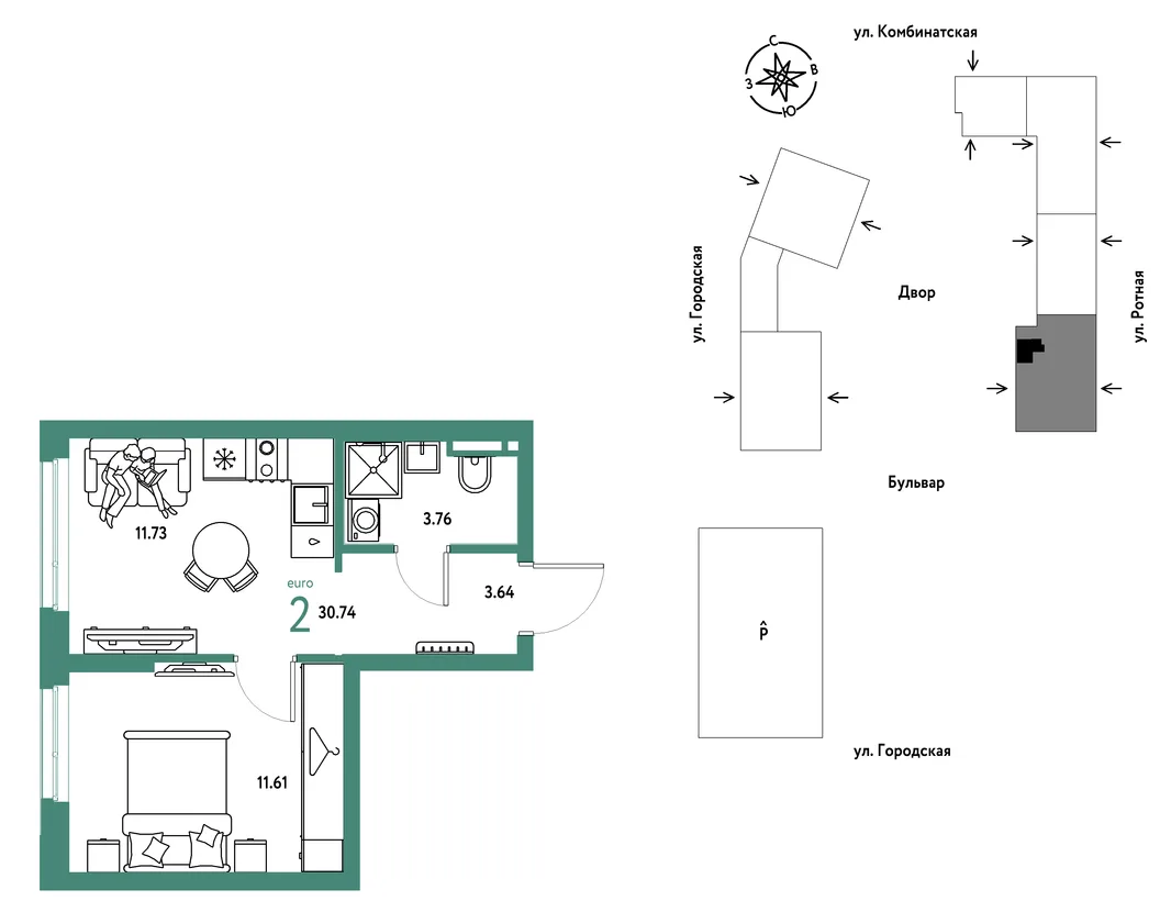 Планировка 2-комн. квартира, 30.74 м² ЖК «Уральский сад»
