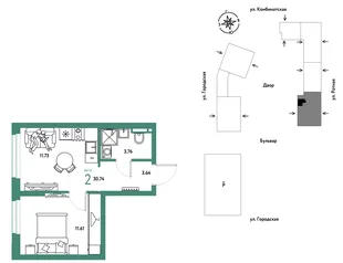 Планировка 2-комн. квартира, 30.74 м² ЖК «Уральский сад»