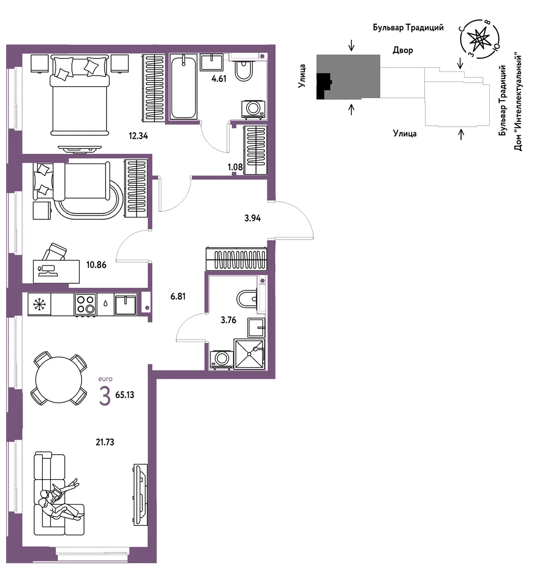 Планировка 3-комн. квартира, 65.13 м² ЖК «Микрорайон Домашний»