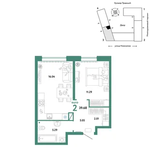 Планировка 2-комн. квартира, 39.68 м² ЖК «Микрорайон Домашний»