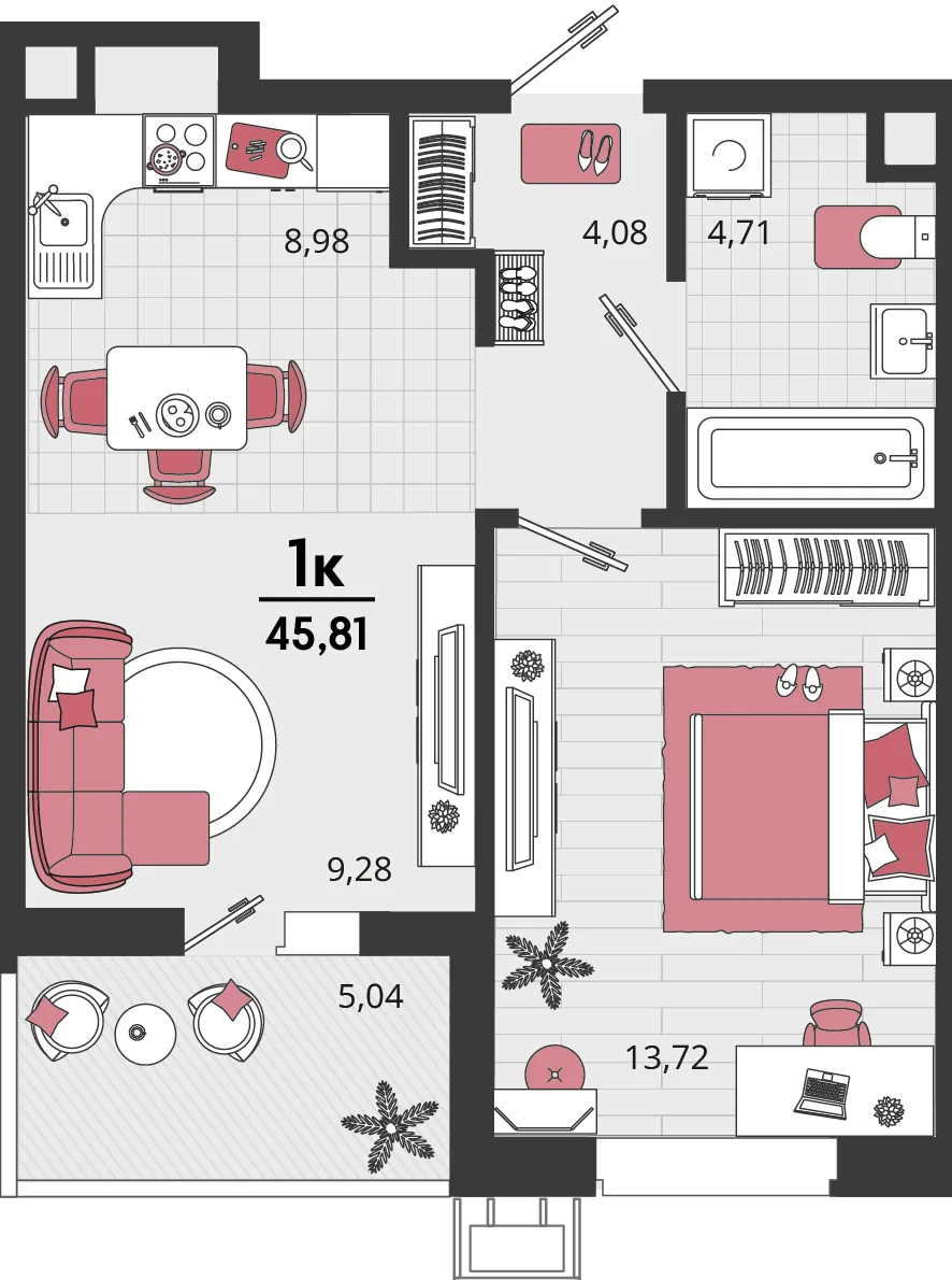 Планировка 2-комн. квартира, 45.81 м² ЖК «Родные просторы»