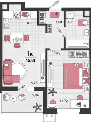 Планировка 2-комн. квартира, 45.81 м² ЖК «Родные просторы»