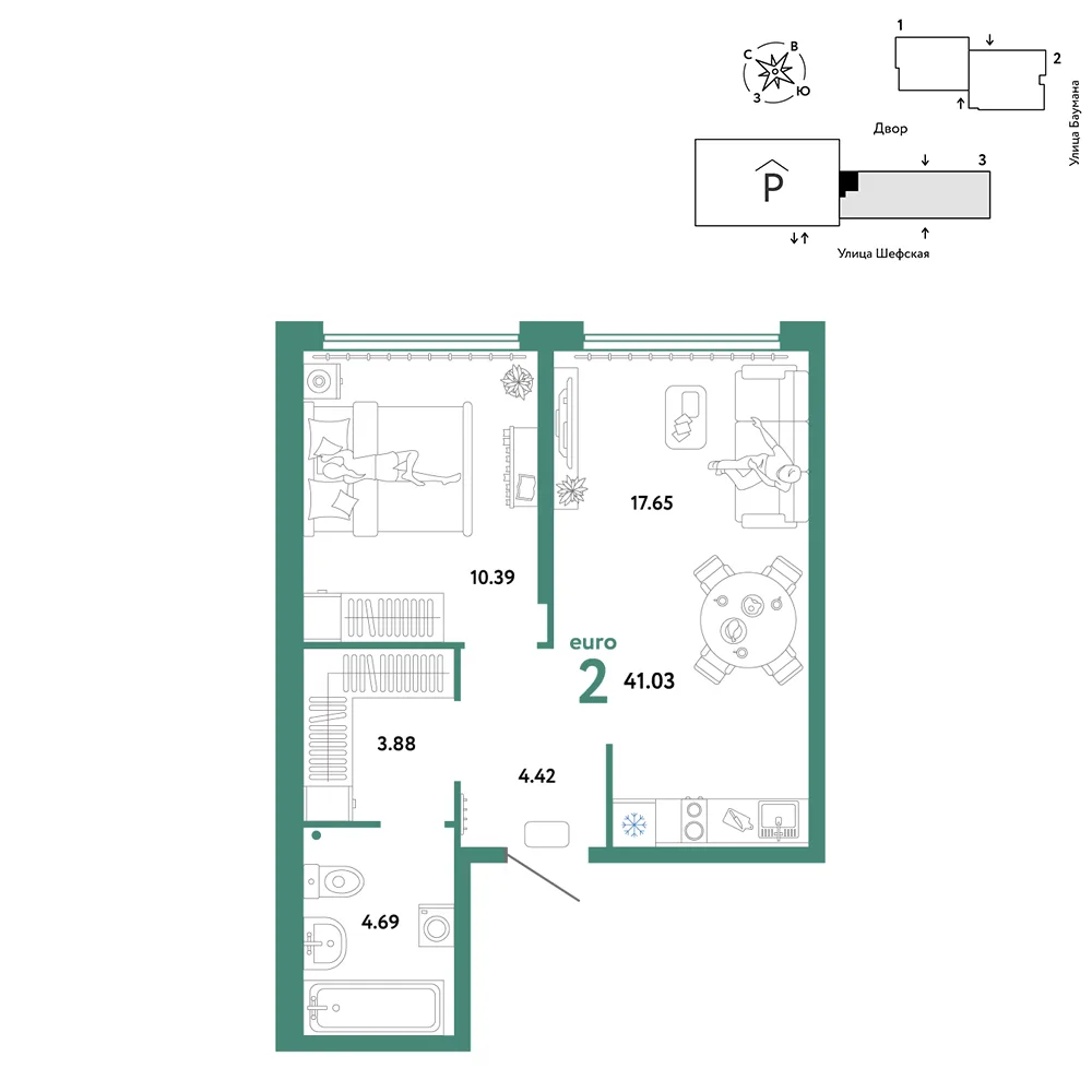 Планировка 2-комн. квартира, 41.03 м² ЖК «Страна.Энтузиастов»