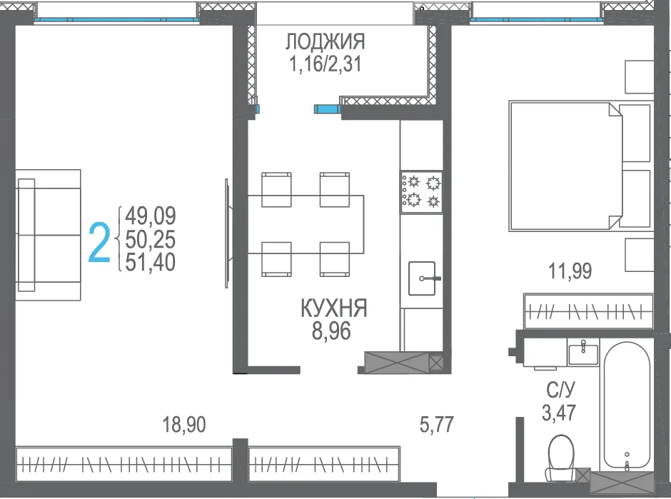 Планировка 2-комн. квартира, 51.4 м² ЖК «Розовое озеро»