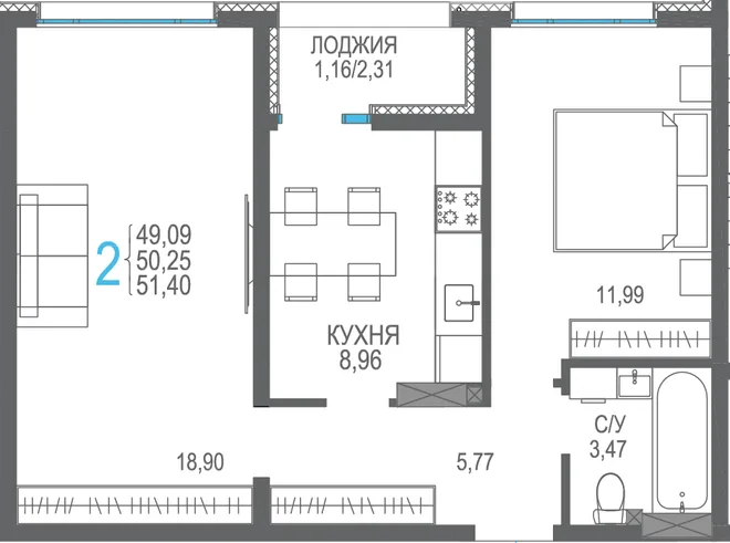 Планировка 2-комн. квартира, 51.4 м² ЖК «Розовое озеро»