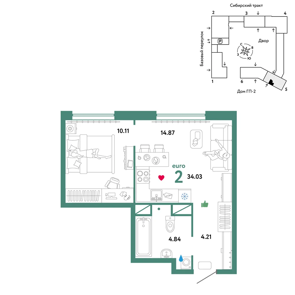 Планировка 2-комн. квартира, 34.03 м² ЖК «Сибирский сад»