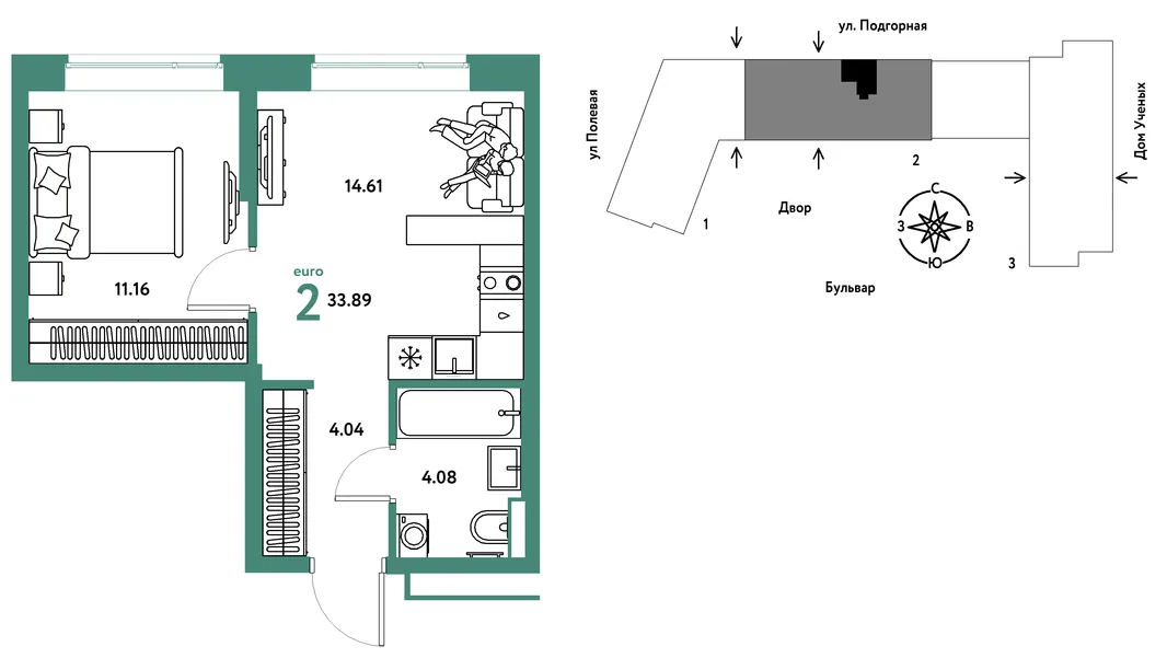 Планировка 2-комн. квартира, 33.98 м² ЖК «Авторский»