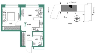 Планировка 2-комн. квартира, 33.98 м² ЖК «Авторский»
