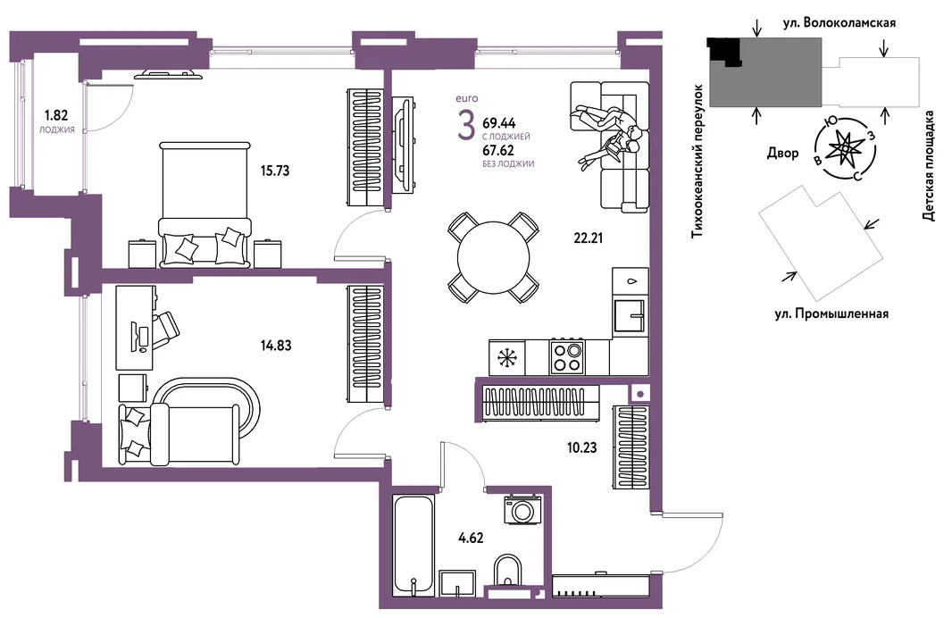 Планировка 3-комн. квартира, 69.44 м² ЖК «Страна Прибрежная»
