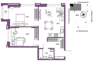 Планировка 3-комн. квартира, 69.44 м² ЖК «Страна Прибрежная»