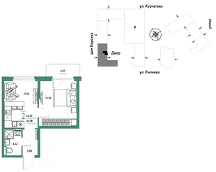 Планировка 2-комн. квартира, 33.55 м² ЖК «Остров-сад»