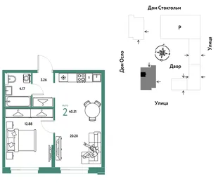 Планировка 2-комн. квартира, 40.51 м² ЖК «Европейский берег 2.0»