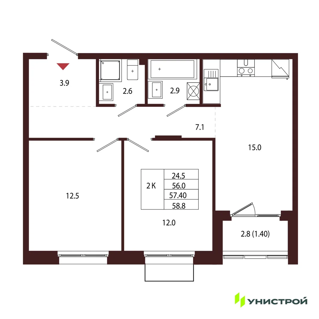 Планировка 2-комн. квартира, 57.4 м² ЖК «Лисино»