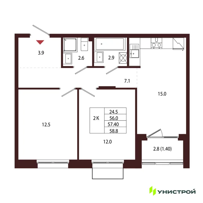 Планировка 2-комн. квартира, 57.4 м² ЖК «Лисино» Планировка 2-комн. квартира, 57.4 м² ЖК «Лисино»