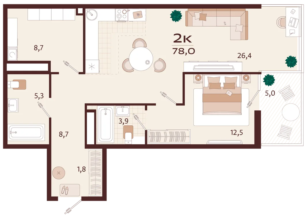 Планировка 2-комн. квартира, 78 м² ЖК «Роялта»