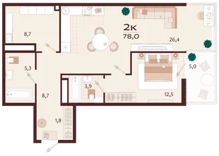 Планировка 2-комн. квартира, 78 м² ЖК «Роялта»