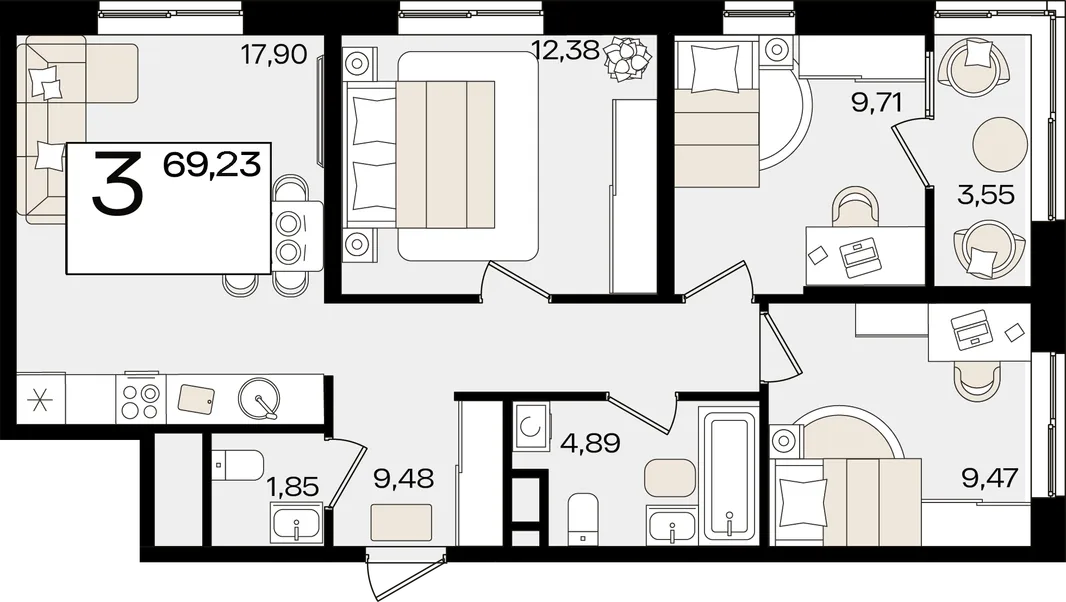 Планировка 3-комн. квартира, 69.23 м² ЖК «Патрики»