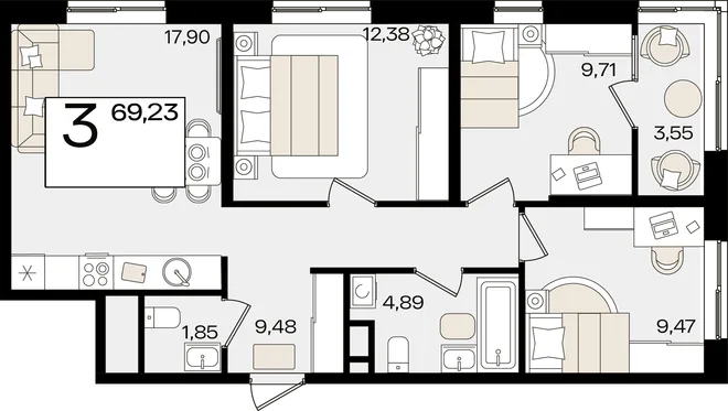 Планировка 3-комн. квартира, 69.23 м² ЖК «Патрики» Планировка 3-комн. квартира, 69.23 м² ЖК «Патрики»