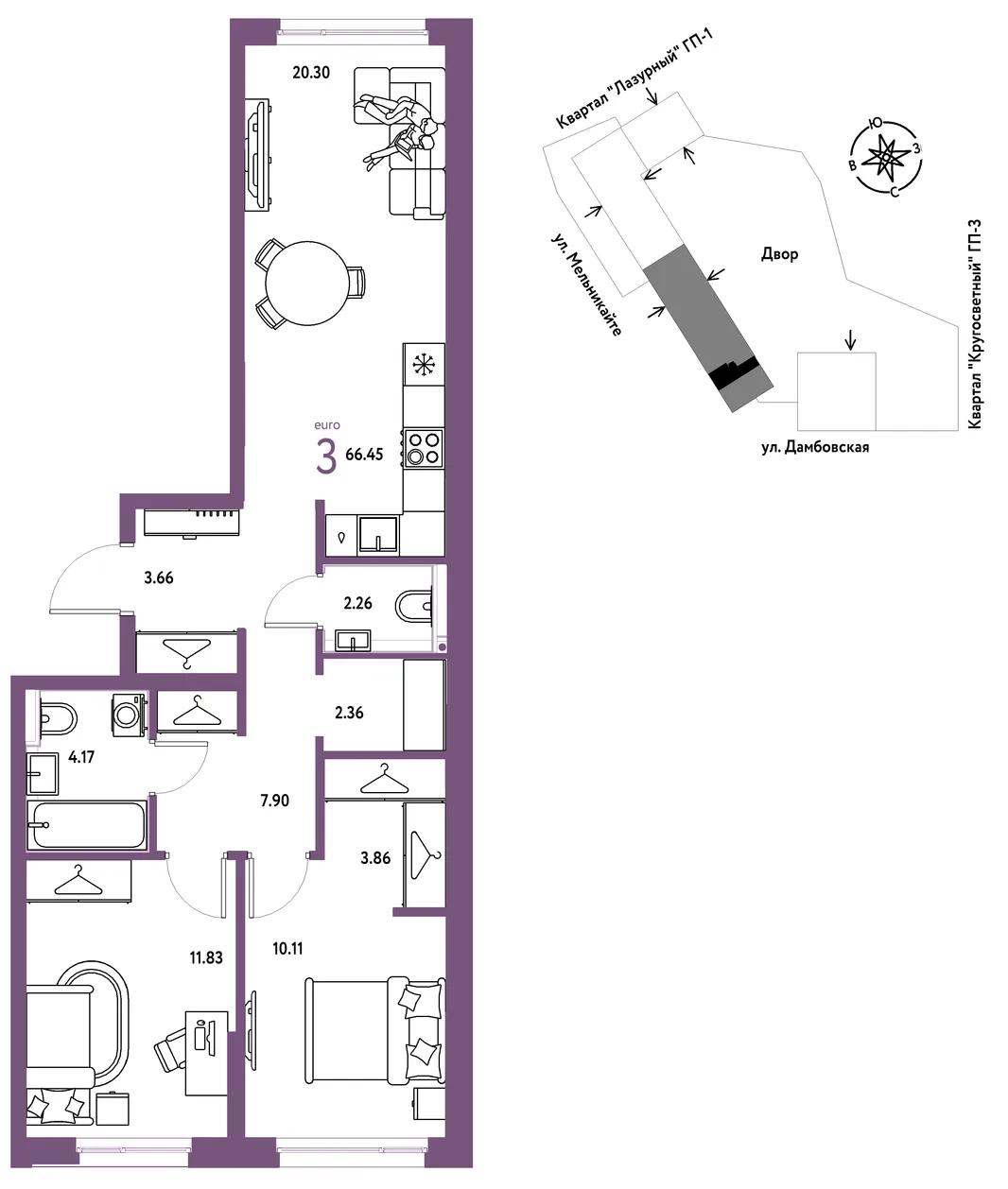 Планировка 3-комн. квартира, 66.45 м² ЖК «Страна Прибрежная»