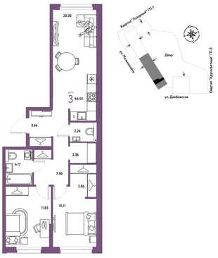 Планировка 3-комн. квартира, 66.45 м² ЖК «Страна Прибрежная»