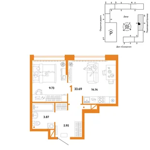 Планировка 1-комн. квартира, 33.69 м² ЖК «Юнион»