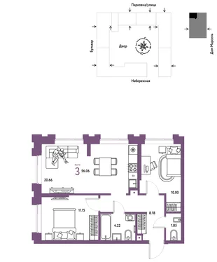 Планировка 3-комн. квартира, 56.06 м² ЖК «Европейский берег 2.0»