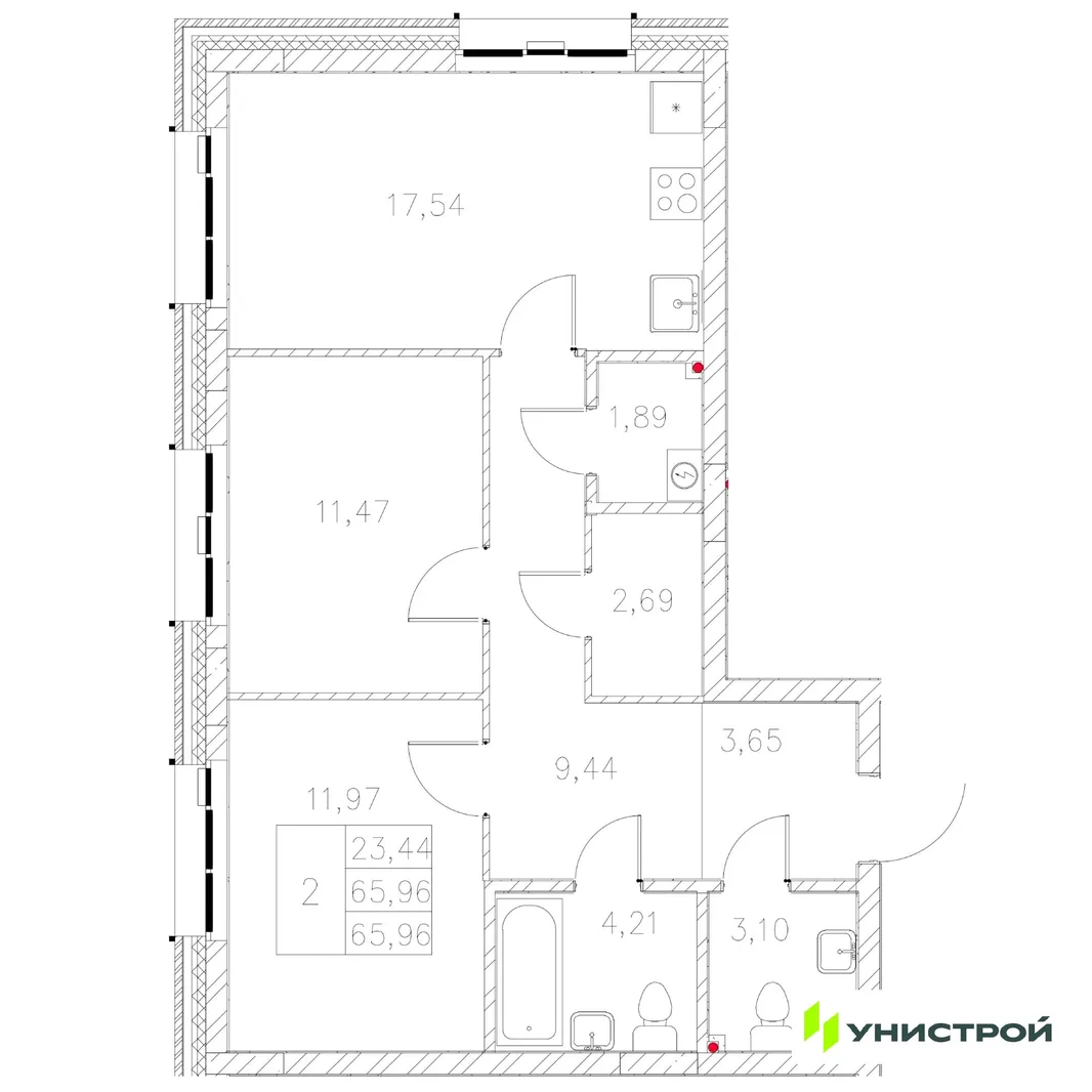 Планировка 2-комн. квартира, 65.96 м² ЖК «Statum»