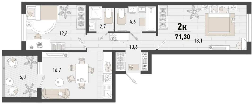 Планировка 2-комн. квартира, 71.3 м² ЖК «Барса»