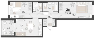 Планировка 2-комн. квартира, 71.3 м² ЖК «Барса»