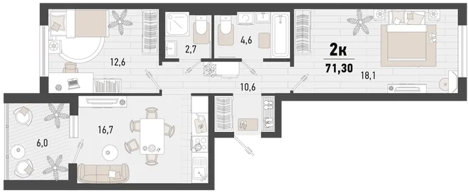 Планировка 2-комн. квартира, 71.3 м² ЖК «Барса» Планировка 2-комн. квартира, 71.3 м² ЖК «Барса»