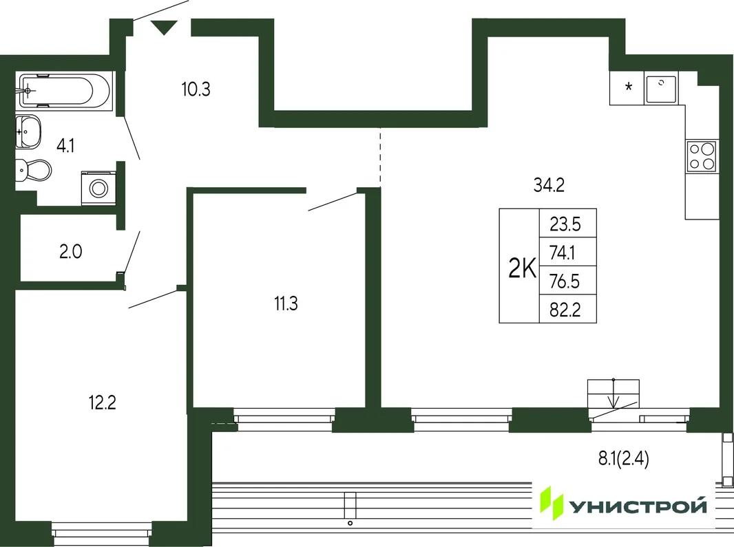 Планировка 2-комн. квартира, 76.5 м² ЖК «Парковый квартал 2.0»