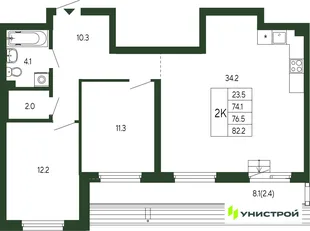 Планировка 2-комн. квартира, 76.5 м² ЖК «Парковый квартал 2.0»