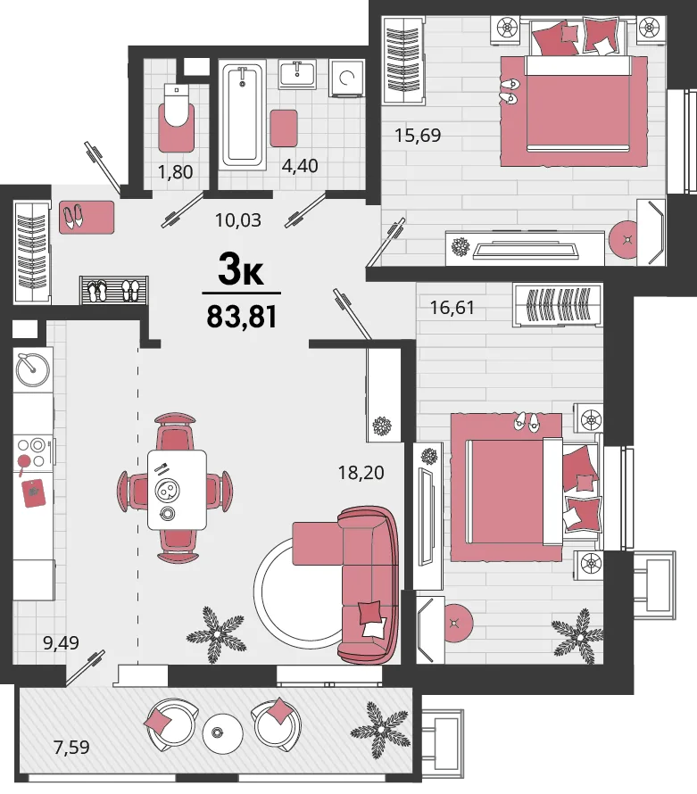Планировка 3-комн. квартира, 83.81 м² ЖК «Родные просторы»