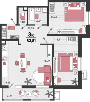 Планировка 3-комн. квартира, 83.81 м² ЖК «Родные просторы»