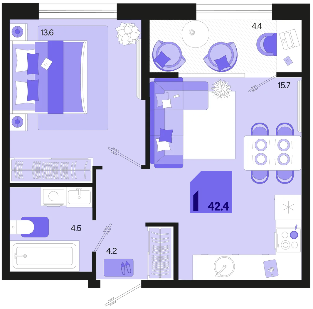 Планировка 1-комн. квартира, 42.4 м² ЖК «Первое место»