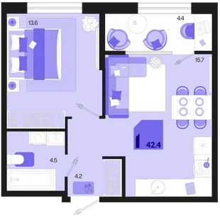 Планировка 1-комн. квартира, 42.4 м² ЖК «Первое место»