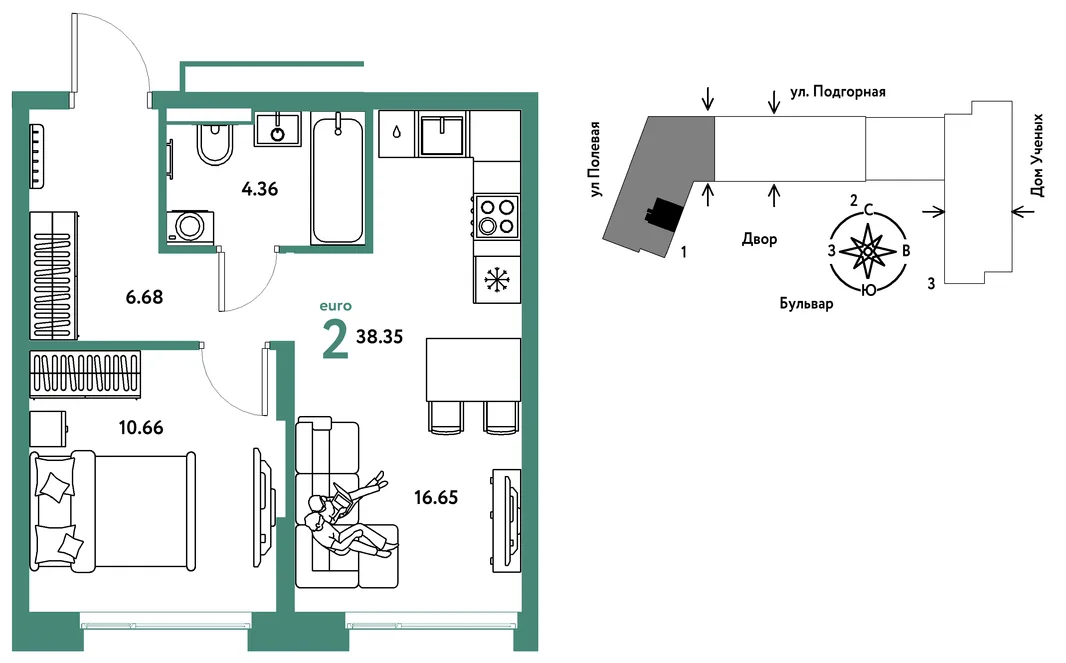 Планировка 2-комн. квартира, 38.44 м² ЖК «Авторский»