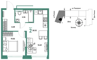 Планировка 2-комн. квартира, 38.44 м² ЖК «Авторский»
