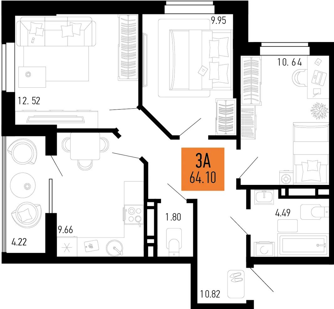 Планировка 3-комн. квартира, 64.1 м² ЖК «Столицыно»