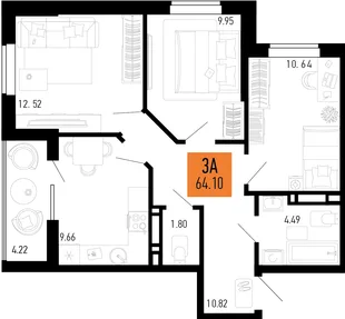 Планировка 3-комн. квартира, 64.1 м² ЖК «Столицыно»