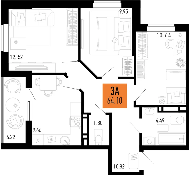 Планировка 3-комн. квартира, 64.1 м² ЖК «Столицыно»